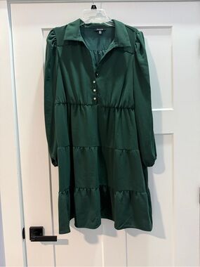 Kensie Emerald Green Tiered Long-Sleeve Dress